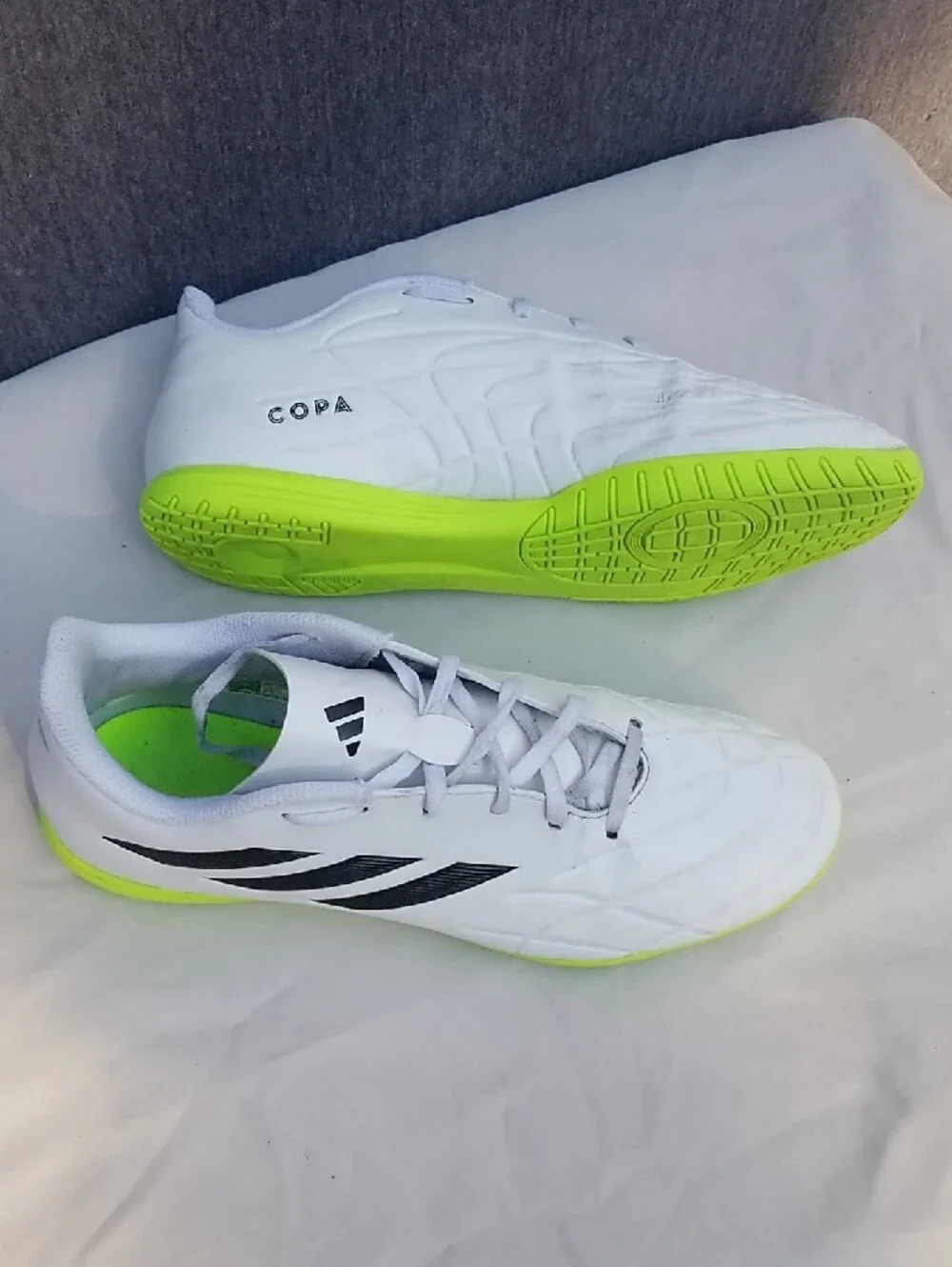 adidas Copa Pure.4 White Indoor Soccer Shoes with Lucid Lemon Accents Men's 9